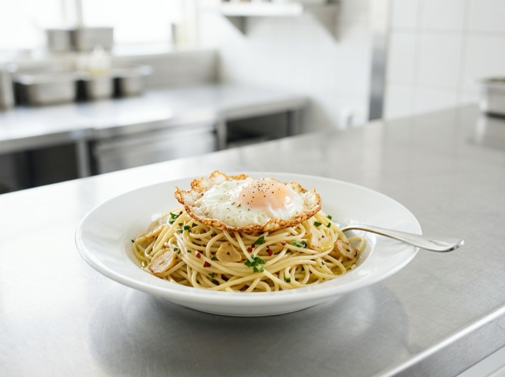 目玉焼きのせパスタ（貧乏人のパスタ）
