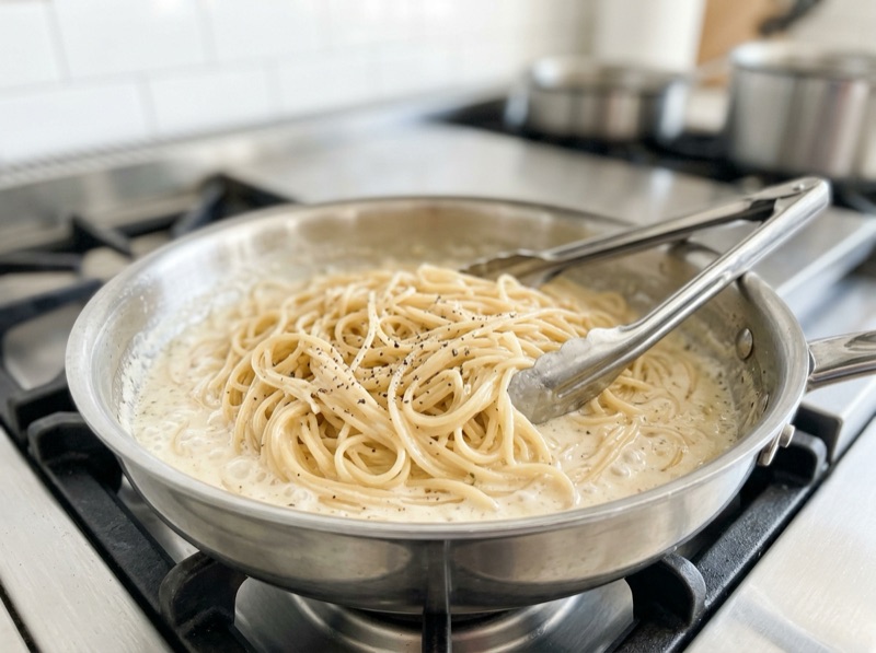 パスタはソースの中で煮て、火を止めて混ぜて仕上げる